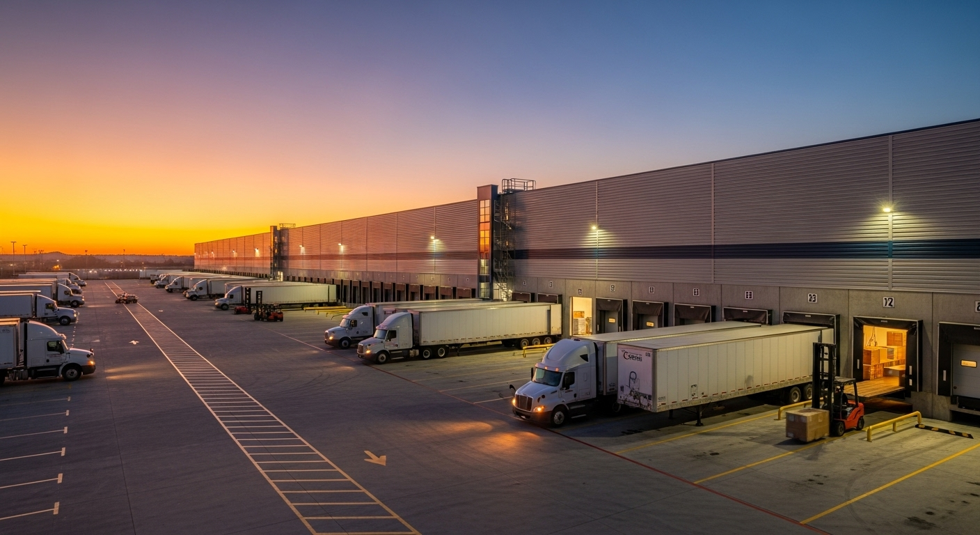 Modern logistics warehouse with AI automation technology and data visualization overlay